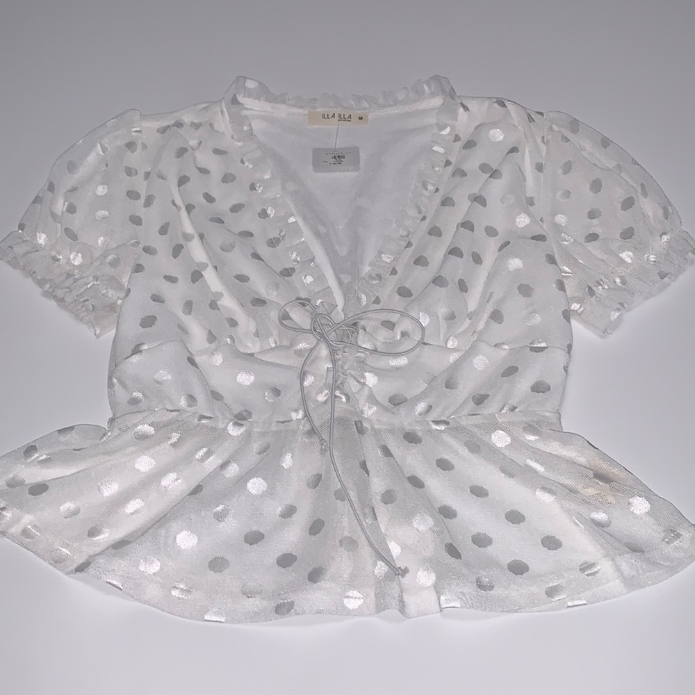 V neck white polka dot blouse